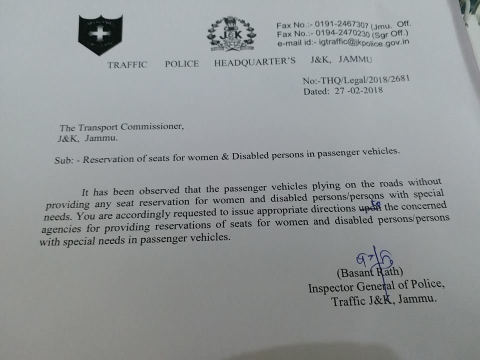 Reservation of seats for women and the disabled in passenger vehicles