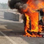 Vehicles set on fire by a mob during a protest against Pulwama terror attack.