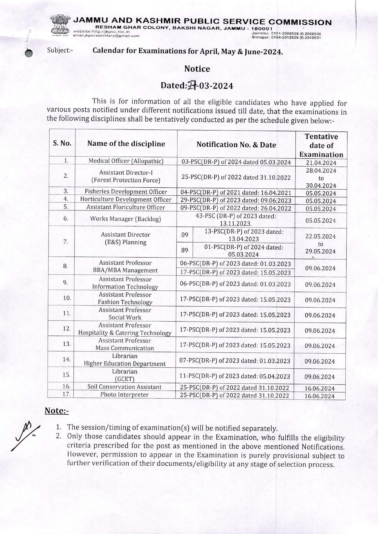 JKPSC notification for Calendar for Examination for April, May and June-2024