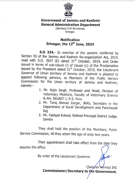 Appointment of Members of the Public Service Commission for the Union territory of Jammu and Kashmir