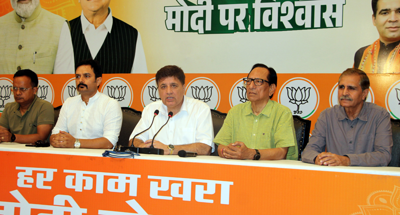 BJP chief spokesperson, Sunil Sethi, party spokespersons, Abhijeet Jasrotia, Y V Sharma, Lt Gen (retd), Rakesh Sharma and Tahir Choudhary at a press conference in Jammu