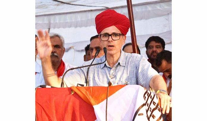 JK National Conference Vice President Omar Abdullah addressing a public meeting in Jammu