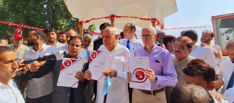 Party President Dr. Farooq Abdullah and Vice-president Omar Abdullah released the urdu version of Party Manifesto for the upcoming Jammu and Kashmir Assembly elections in Srinagar