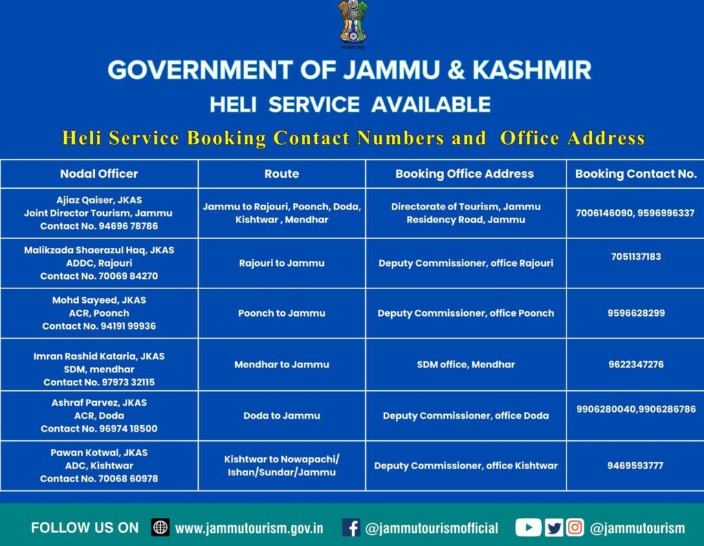 Book helicopter services in jammu division: travel to rajouri, poonch, doda, and kishtwar 1 Details of helicopter services commencing frombetween jammu-rajouri, poonch, doda, kishtwar, mendhar; and kishtwar-nowapachi, sounder, inshan.