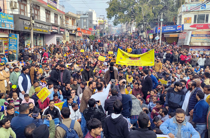 Local stakeholders protest at Katra during shutdown on Wednesday against proposed Ropeway Project.