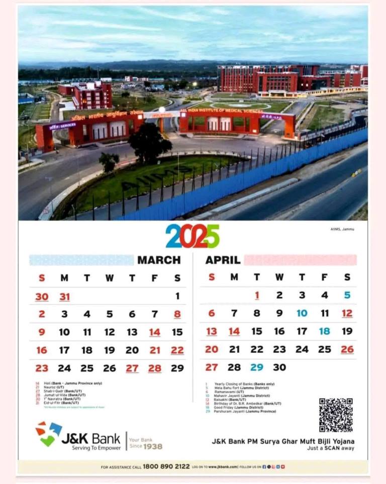 J&K Bank Calendar 2025 March and April