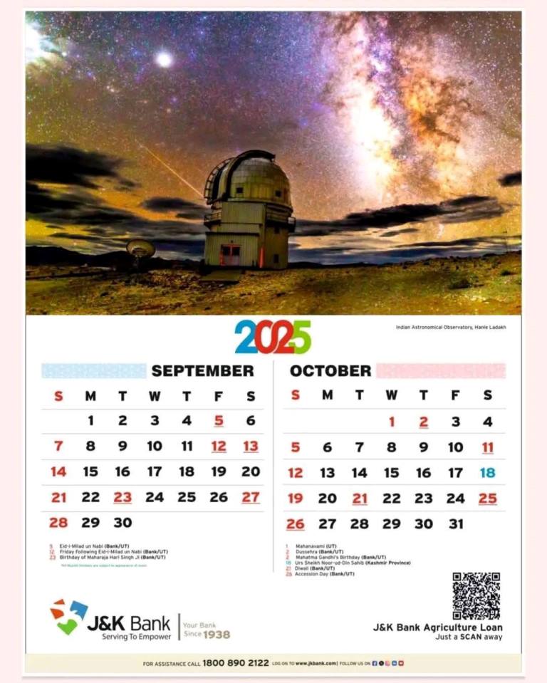 J&K Bank Calendar 2025 september and october 