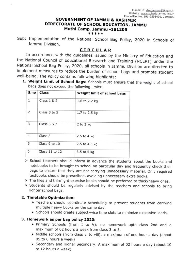 School bag policy 2020: guidelines, weight limits, and ncert’s push for a lighter future 1 Implemenation of the national school bag policy, 2020 in schools of jammu division.
