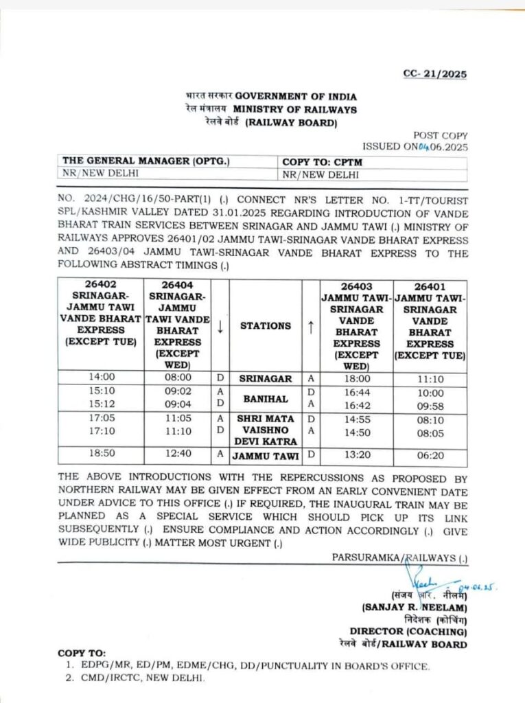 Vande bharat express timings for jammu and srinagar announced 1 Official notification of jammu–srinagar vande bharat express schedule