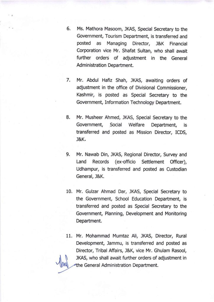Major administrative reshuffle in j&k: 134 jkas officers transferred and posted 2 Showordertf page 0002