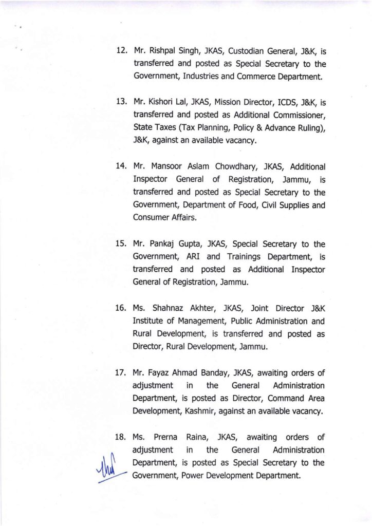 Major administrative reshuffle in j&k: 134 jkas officers transferred and posted 3 Showordertf page 0003