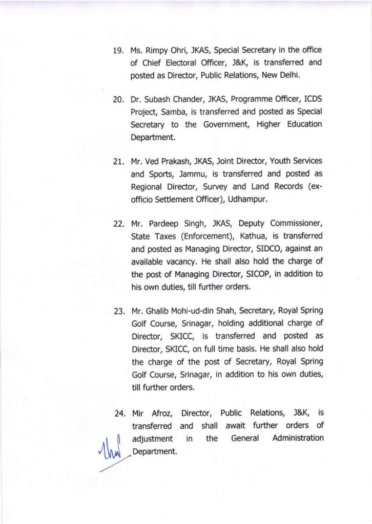 Major administrative reshuffle in j&k: 134 jkas officers transferred and posted 4 Showordertf page 0004
