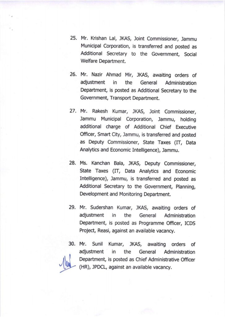 Major administrative reshuffle in j&k: 134 jkas officers transferred and posted 5 Showordertf page 0005
