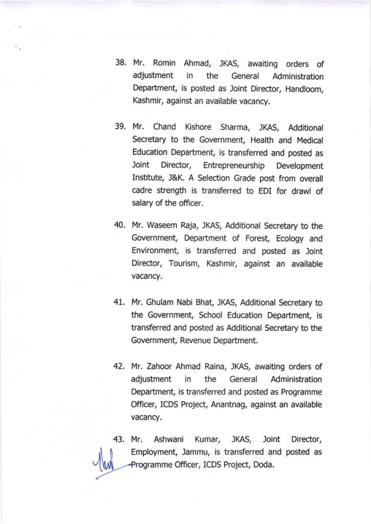 Major administrative reshuffle in j&k: 134 jkas officers transferred and posted 7 Showordertf page 0007