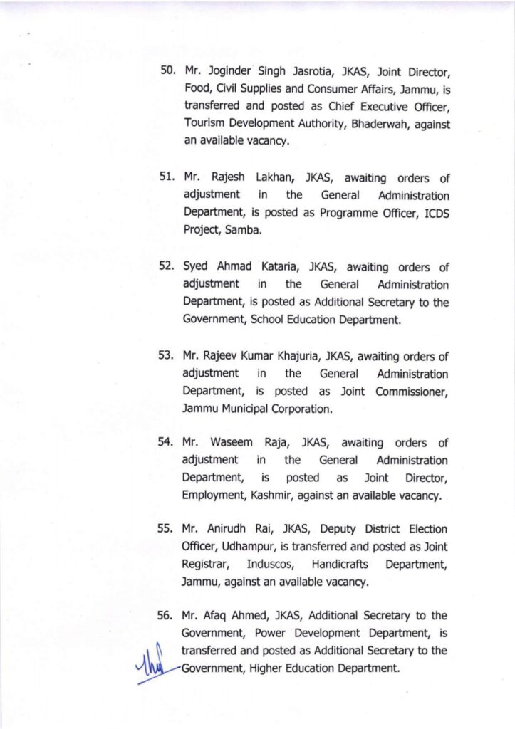 Major administrative reshuffle in j&k: 134 jkas officers transferred and posted 9 Showordertf page 0009