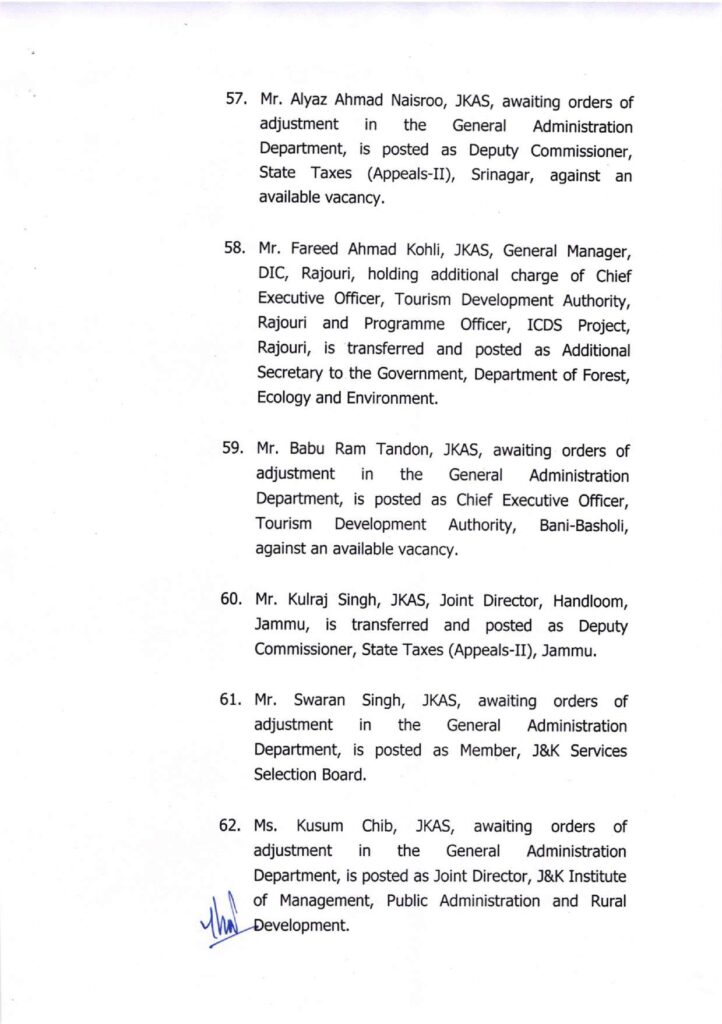 Major administrative reshuffle in j&k: 134 jkas officers transferred and posted 10 Showordertf page 0010