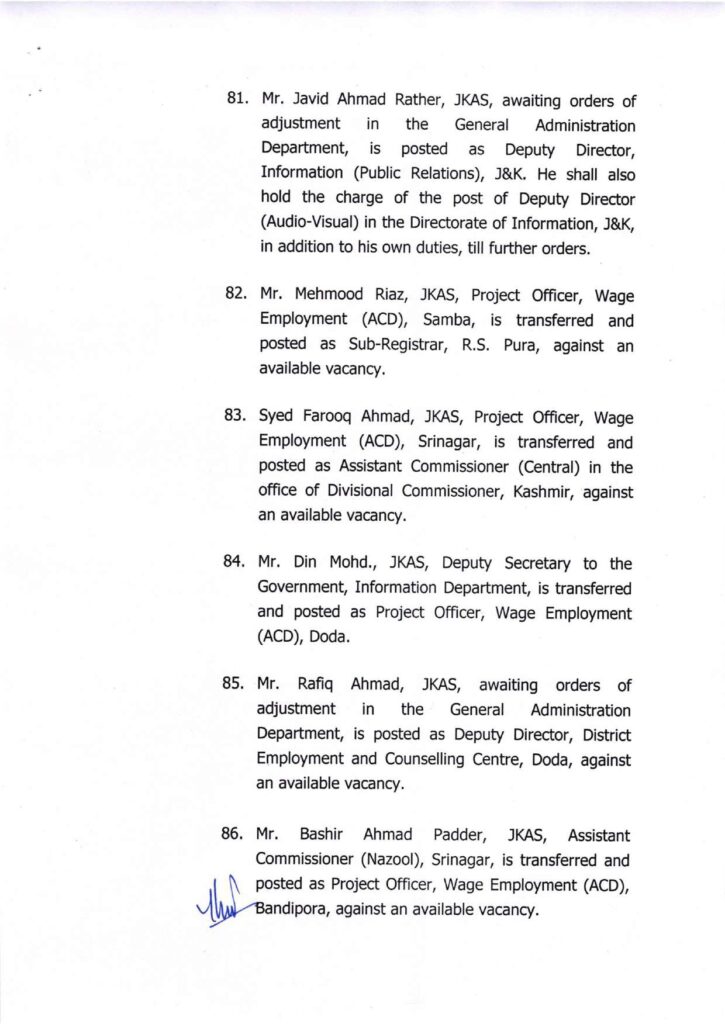 Major administrative reshuffle in j&k: 134 jkas officers transferred and posted 14 Showordertf page 0014
