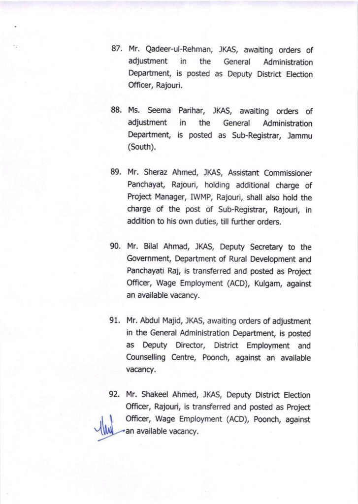Major administrative reshuffle in j&k: 134 jkas officers transferred and posted 15 Showordertf page 0015