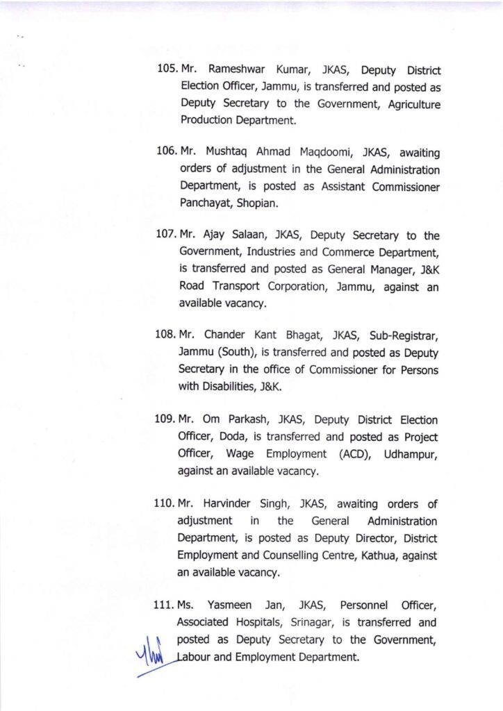 Major administrative reshuffle in j&k: 134 jkas officers transferred and posted 18 Showordertf page 0018