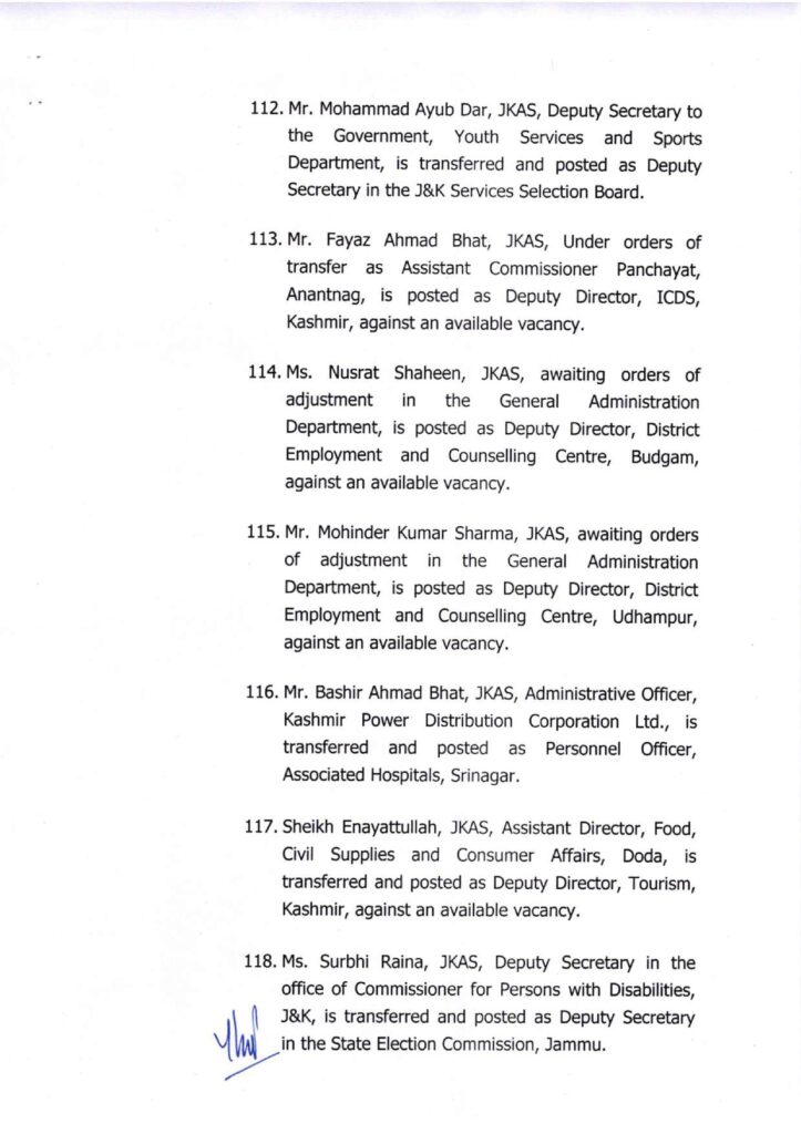 Major administrative reshuffle in j&k: 134 jkas officers transferred and posted 19 Showordertf page 0019