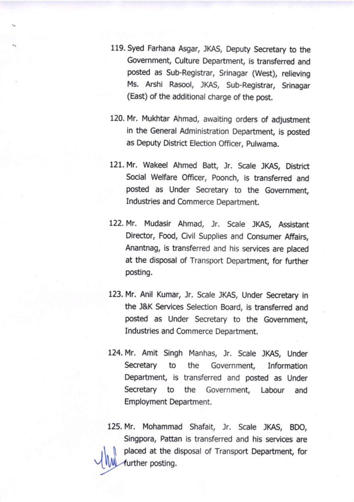 Major administrative reshuffle in j&k: 134 jkas officers transferred and posted 20 Showordertf page 0020