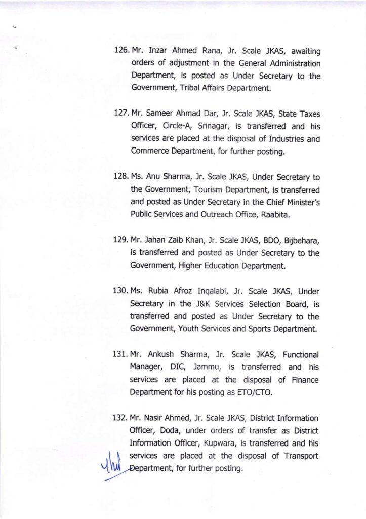 Major administrative reshuffle in j&k: 134 jkas officers transferred and posted 21 Showordertf page 0021