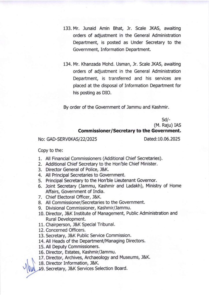 Major administrative reshuffle in j&k: 134 jkas officers transferred and posted 22 Showordertf page 0022