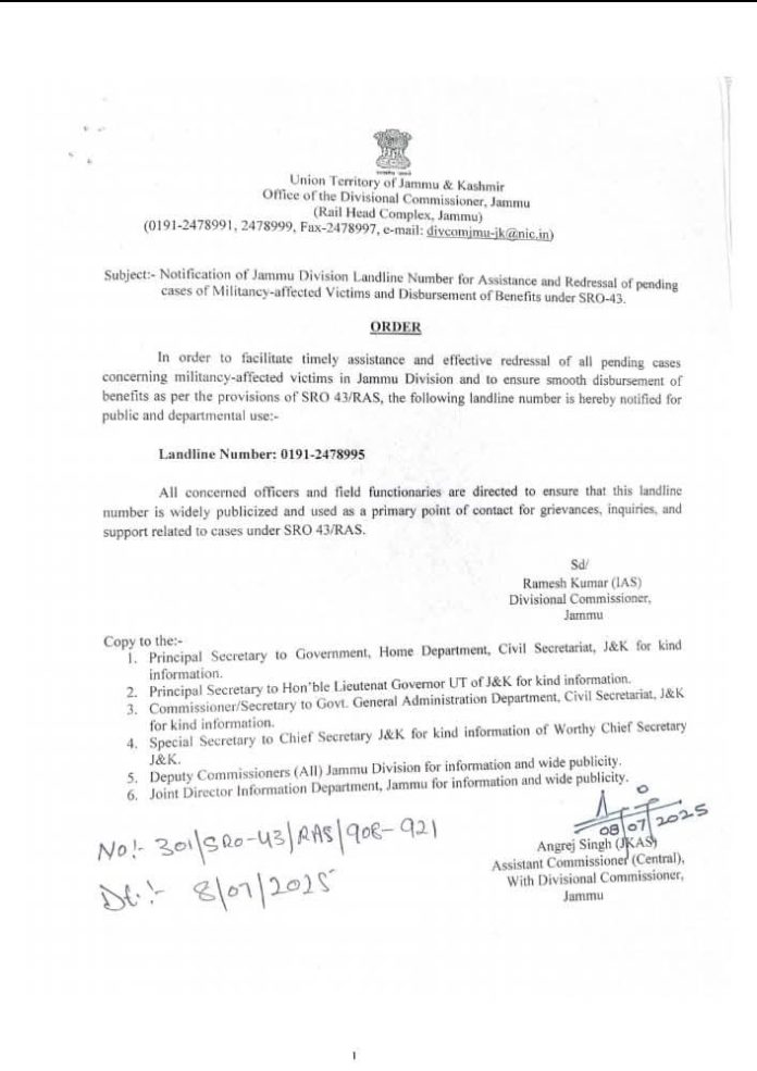 Dedicated helpline for militancy-affected victims in jammu division 1 Notification , divisional commissioner jammu notifies dedicated landline for militancy-affected victims