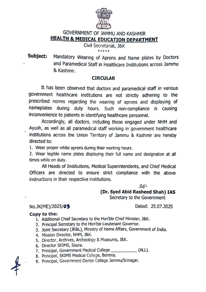 Doctors and paramedics in j&k mandated to wear white aprons and nameplates during duty hours 1 Order copy j&k govt makes aprons, nameplates mandatory for doctors and paramedics