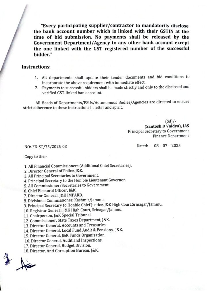 J&k government mandates gst-linked bank account disclosure for e-tendering 2 Circular by j&k govt makes gst-linked bank account mandatory for e-tendering
