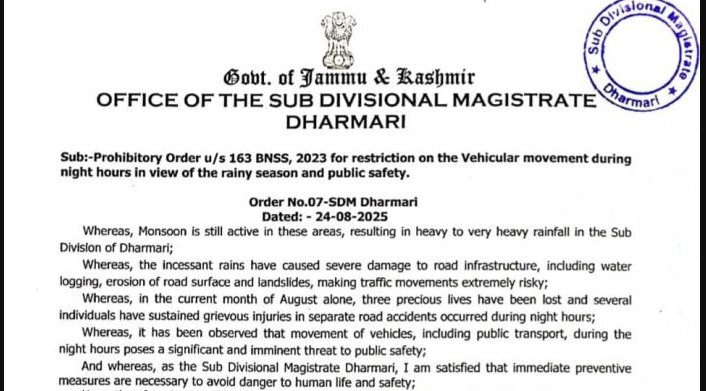 Night Curfew On Vehicle Movement Imposed In Dharmari Sub Division