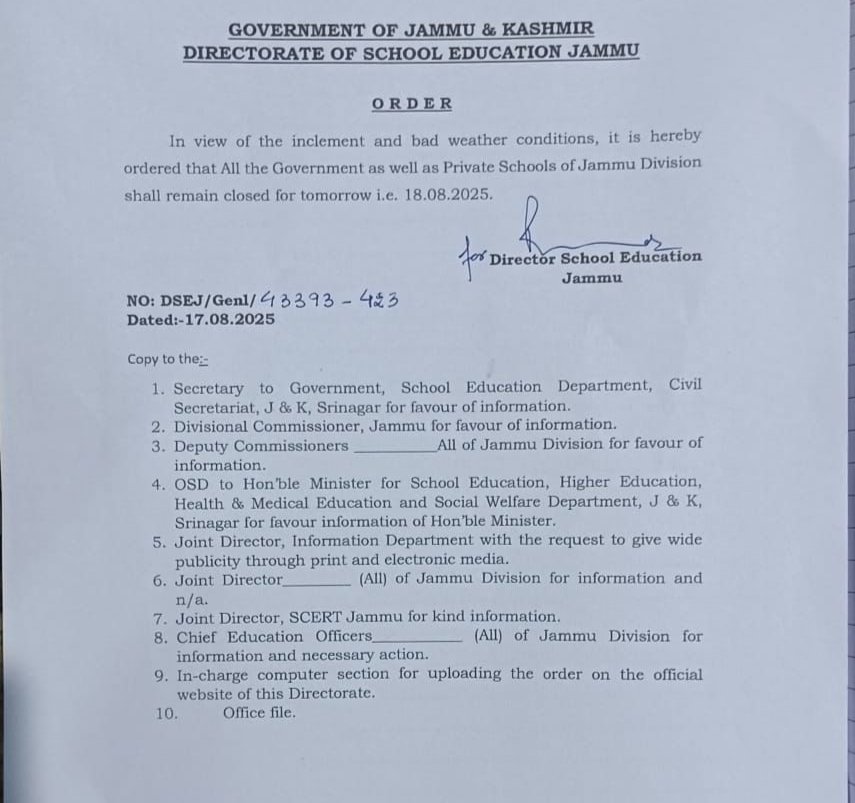 All schools in jammu division closed amid adverse weather conditions 1 Order copy director of school education jammu school close jammu