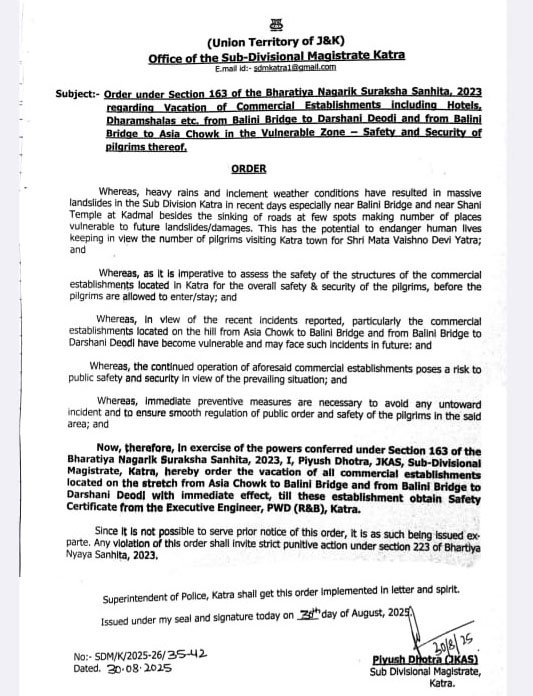 Katra hotels ordered to vacate amid heavy rains and landslide threats 1 Order copy | hotels, shops ordered to vacate vulnerable zone in katra for pilgrim safety