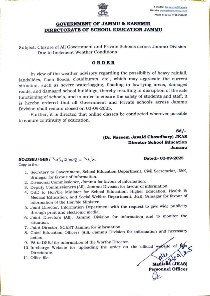 Schools in jammu division to remain closed till september 5 due to heavy rains 1 Order schools in jammu division to remain closed