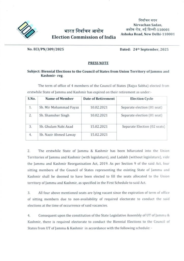 Jammu kashmir rajya sabha elections on october 24: eci – all you need to know 1 Press note eci | elections to 4 rajya sabha seats from jammu and kashmir will be held on october 24