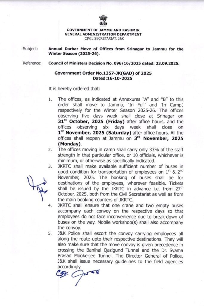Darbar move is back in jammu & kashmir 1 Order copy jk government annual darbar move for winter session 2025-26.