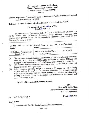 J&k govt. Increases dearness allowance for pensioners by 3% from july 2025 1 Jk govt. Order copy | govt hikes da for pensioners, family pensioners to 58% from july 2025