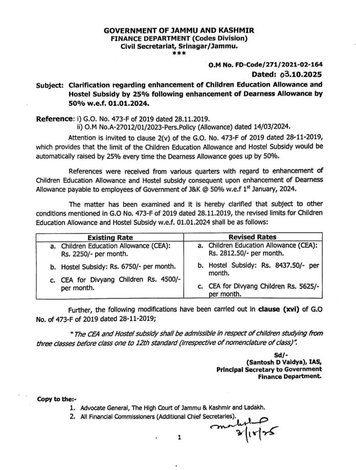 J&k govt revises children education allowance and hostel subsidy – check new rates 1 Order copy | j&k govt enhances children education allowance and hostel subsidy by 25%