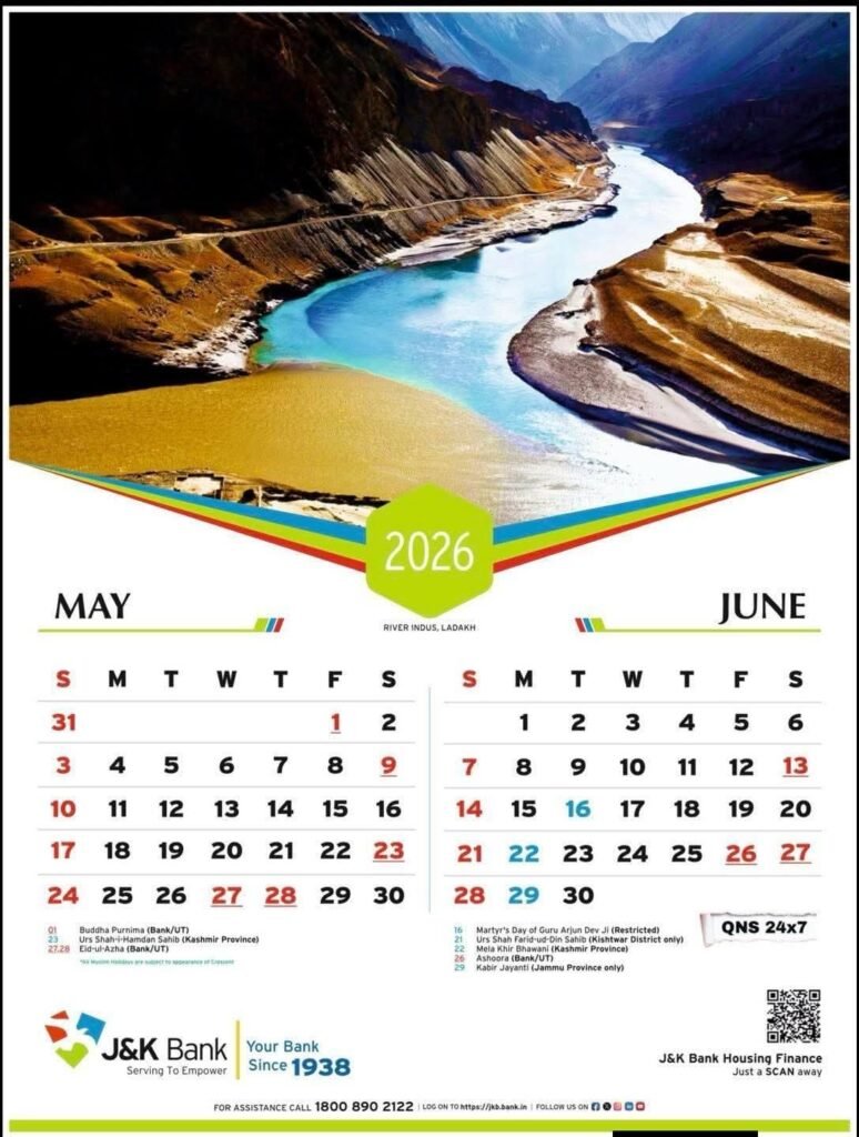 J&k bank calendar 2026 3 Jammu and kashmir calendar for the year 2026 for may and june