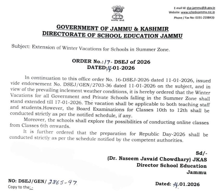 Winter vacation extended in jammudsej winter vacation notice