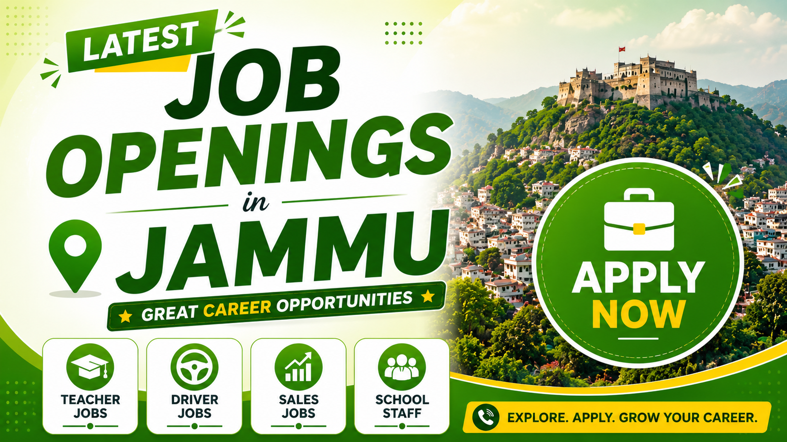 Latest Job Openings in Jammu banner with teacher jobs, driver jobs, sales jobs and school staff vacancies apply now graphic.