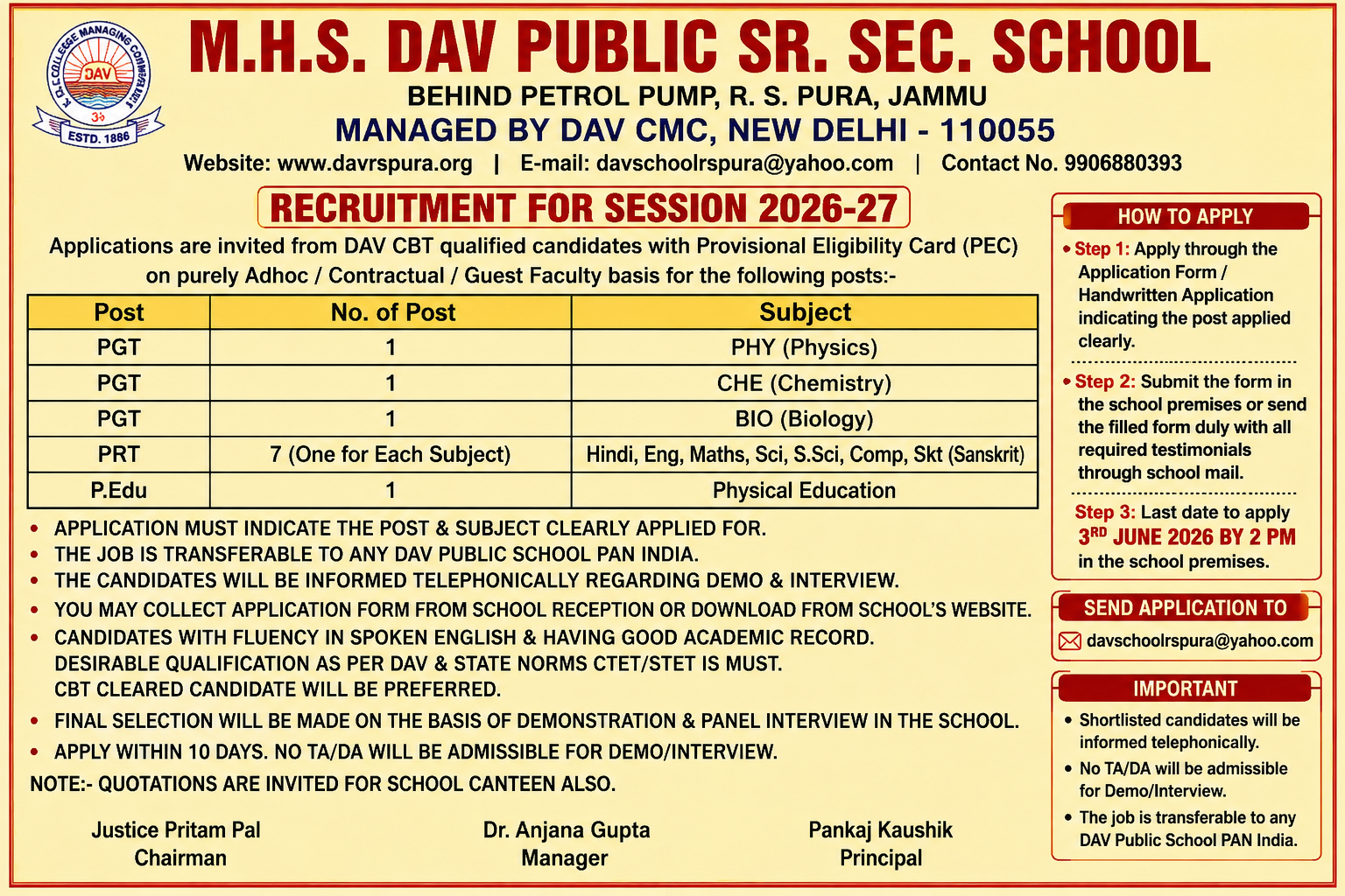 M.H.S DAV School Jammu Recruitment 2026 notification for teaching vacancies
