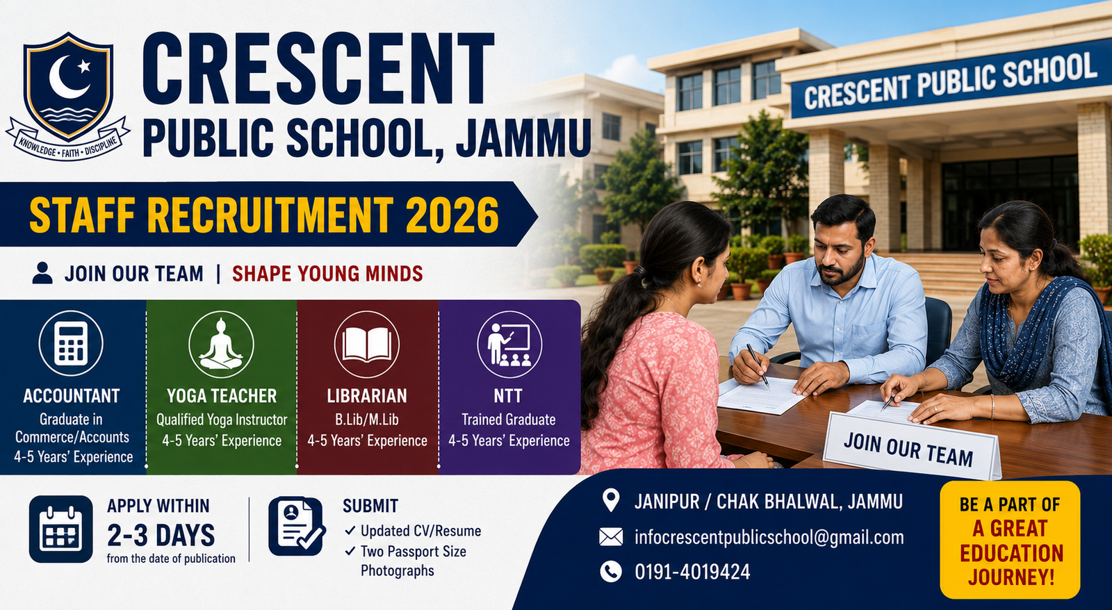 Crescent Public School Jammu staff recruitment 2026 for teaching and non-teaching vacancies.