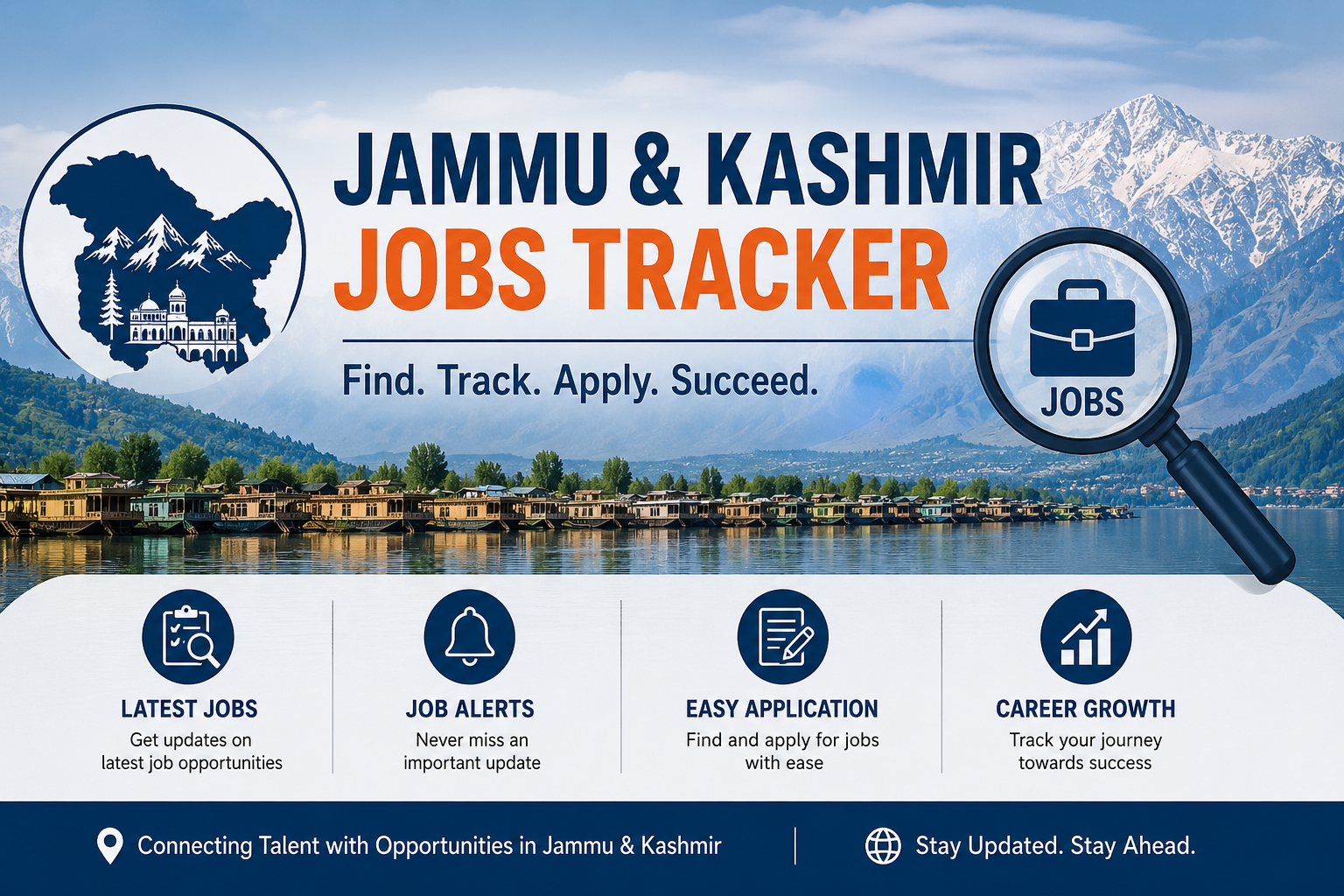 Jammu and Kashmir Jobs Tracker banner showing Kashmir mountains, Dal Lake houseboats, job search magnifying glass, career opportunities, government and private job alerts in Jammu & Kashmir, landscape format.