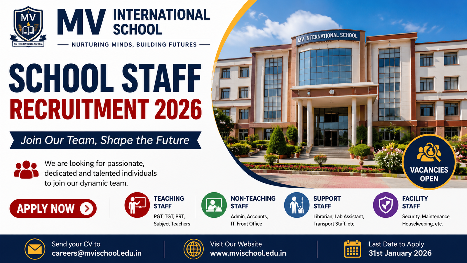 MV International School Recruitment 2026 job vacancies for teaching and non-teaching staff