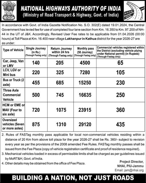 Revised toll rates of lakhanpur toll rates, jammu  highway fee toll plaza
w. E. F 01. 04. 2026