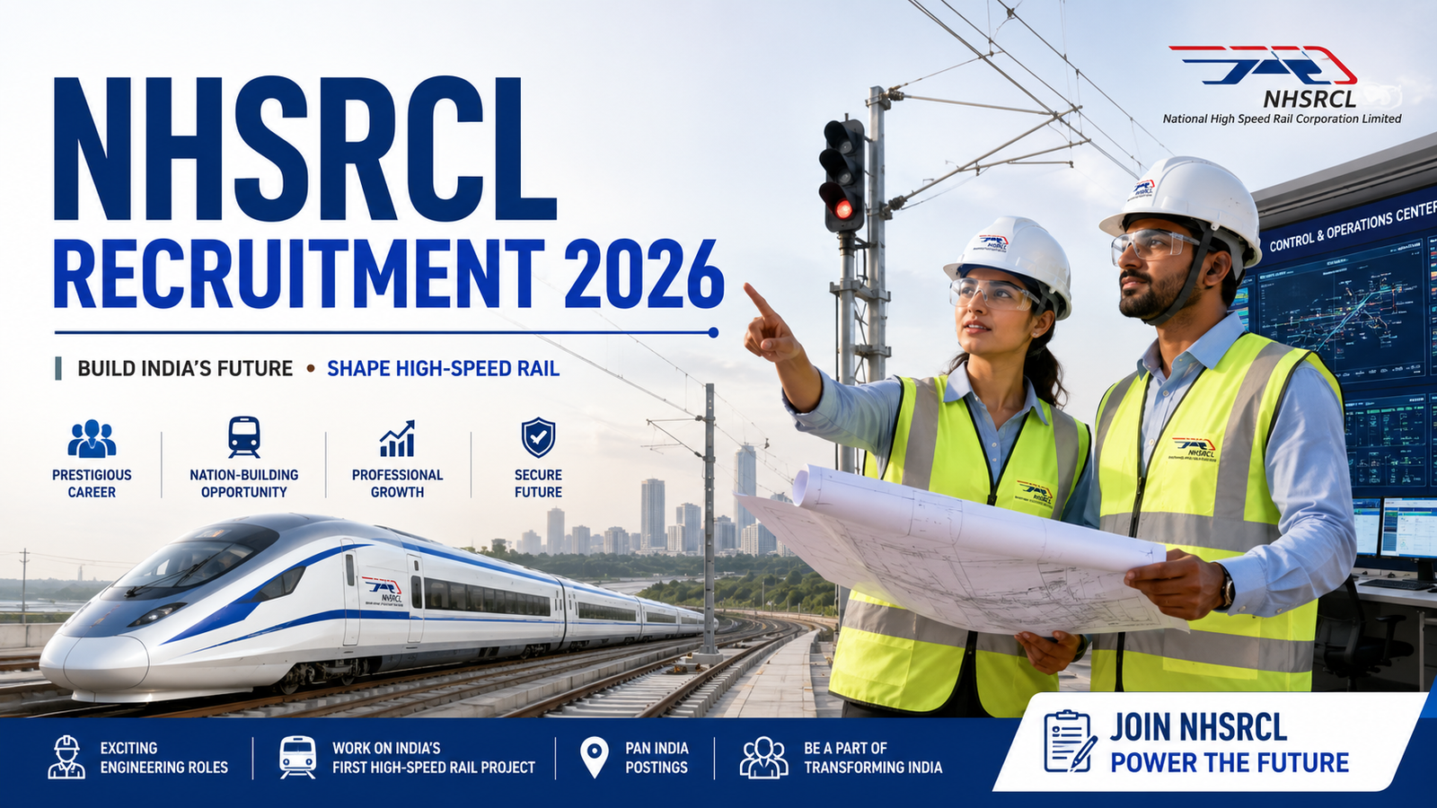 NHSRCL Recruitment 2026 banner featuring engineers and high-speed bullet train