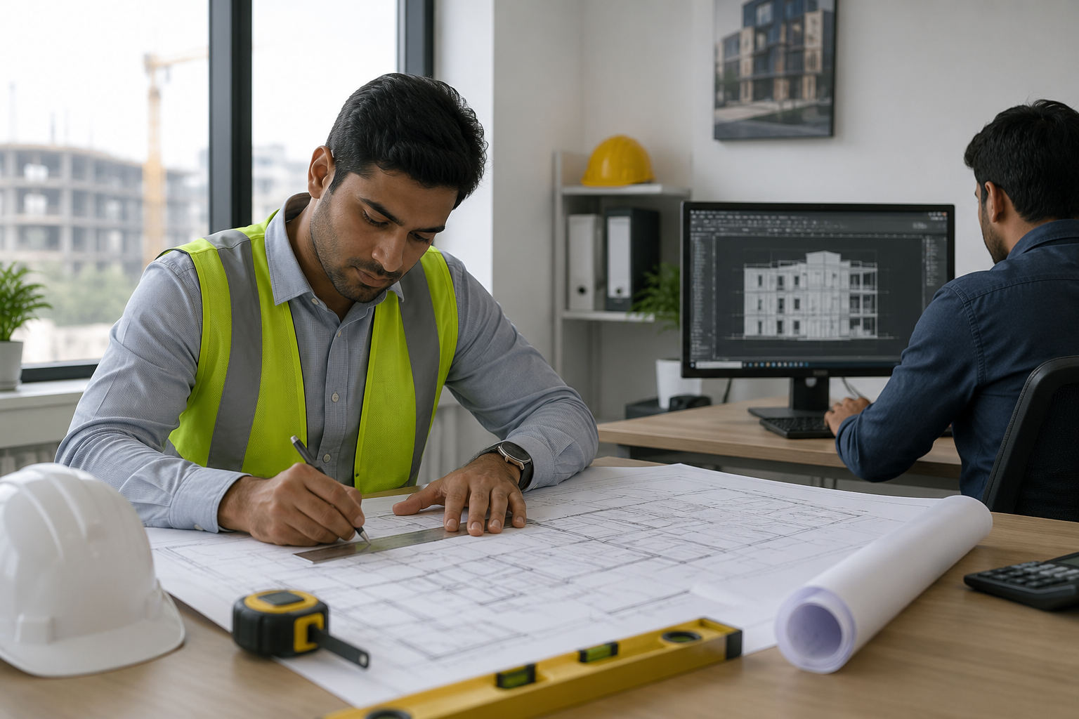 VirHosho Studio Design Recruitment 2026 for Site Surveyor and Site Coordinator positions with architects reviewing construction plans and site measurements