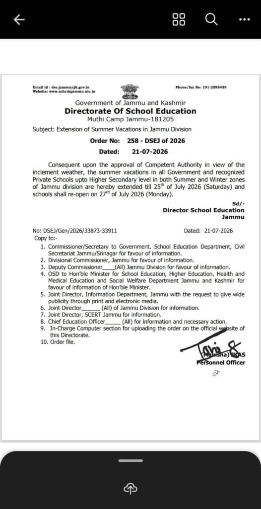 Summer vacation extended for all schools in jammu division till july 26 1 The jammu and kashmir government has extended the summer vacation for all government and recognised private schools across the union territory until july 26, 2026.