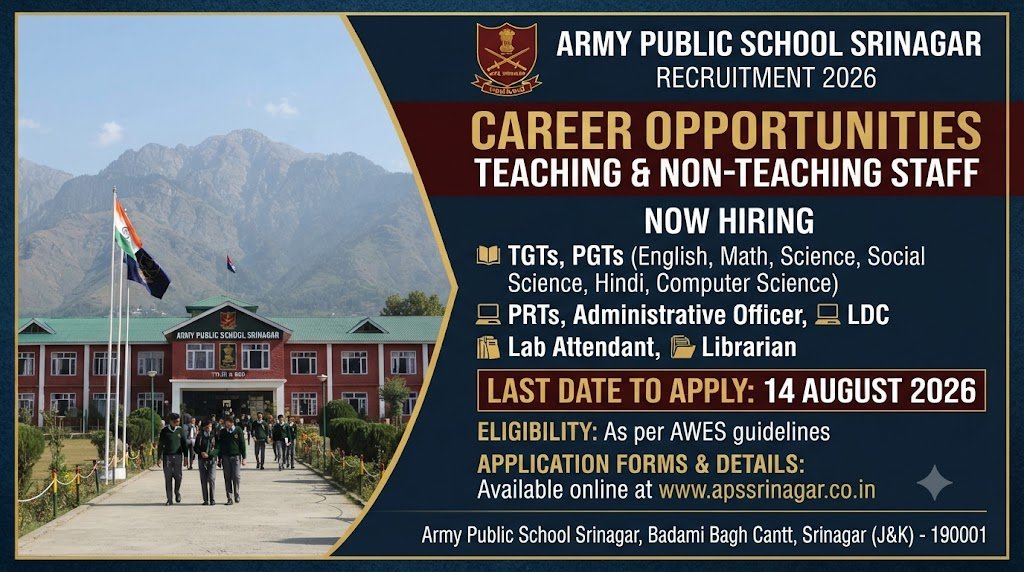 Army Public School Srinagar Recruitment 2026 notification for teaching and non-teaching posts